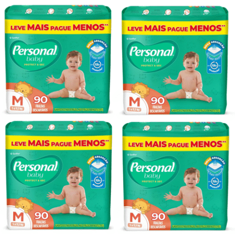 4 Pacotes Fraldas Personal Baby Protect & Sec M 90 Unidades