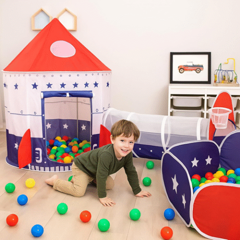 Barraca Foguete Infantil 3 em 1 com Toca + Túnel + Piscina com Cesta de Basquete