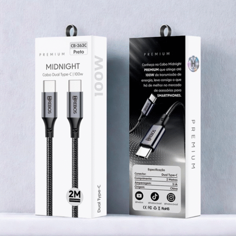 Cabo Trançado Dual Type-C Midnight HREBOS Premium 2M Compatível com iPhone e Samsung
