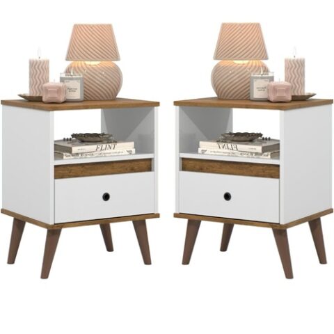 Conjunto 2 Cabeceiras Retrô Pés Palitos 1 Gaveta Luxo TED – Branco/Nature