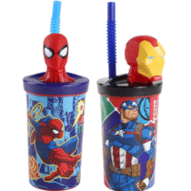 Copo 3D com Canudo Homem Aranha ou Vingadores 360ml – Produto Oficial Disney