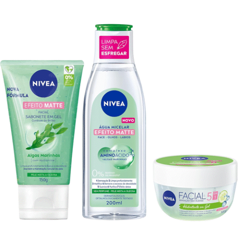 Kit Nivea Controle Do Brilho: Água Micelar Limpeza Facial 7 Em 1 200ml + Sabonete Em Gel De Limpeza Facial 150ml + Gel Hidratante Facial 100g