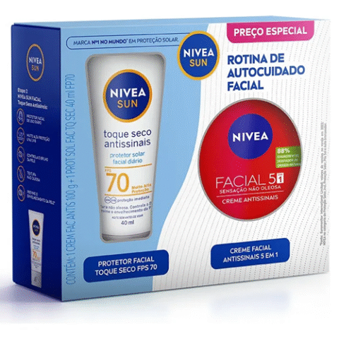 Kit Nivea Protetor Solar Toque Seco FPS70 40ml + Creme Antissinais 5 Em 1 100g