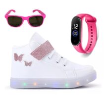 Kit Tênis Botinha Infantil Borboleta Menina + Oculos + Relogio