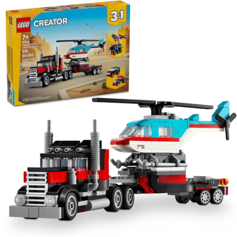 LEGO Creator 3 em 1 Caminhão Plataforma com Helicóptero 270 Peças