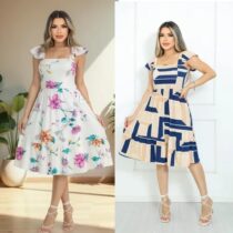 Vestido Midi Babado Malha Decote Quadrado Moda Evangélica