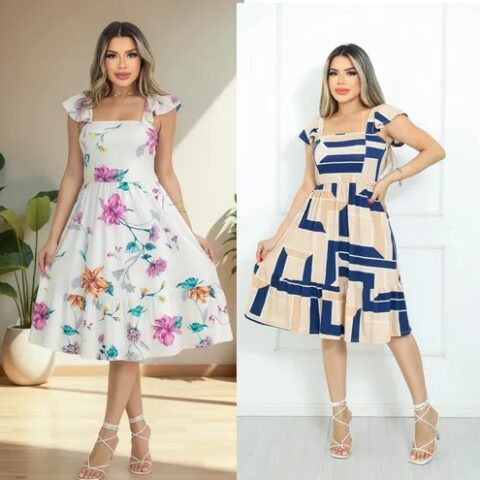 Vestido Midi Babado Malha Decote Quadrado Moda Evangélica