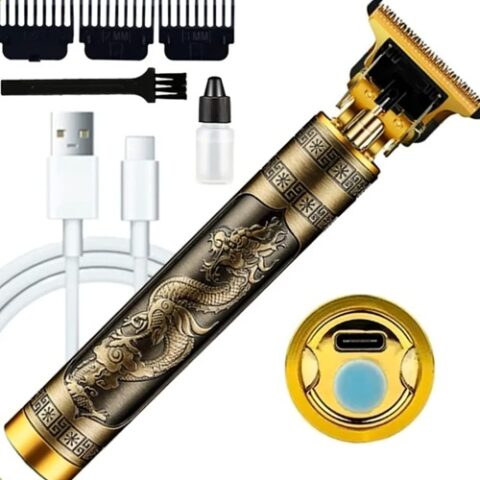 Máquina Profissional Dragão Sem Fio Cabelo Barba Pezinho Com Limitador de Lamina Ajustável Recarregável 4 Pentes