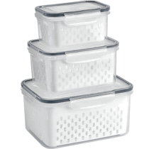 Kit 3 Potes Organizador de Geladeira Hermético com Trava nas Tampas Borracha Isolante e Cesto de Dreno