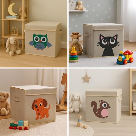 Caixa Organizadora Infantil Brinquedos Linho Tampa Baú Animal Box Oky’s