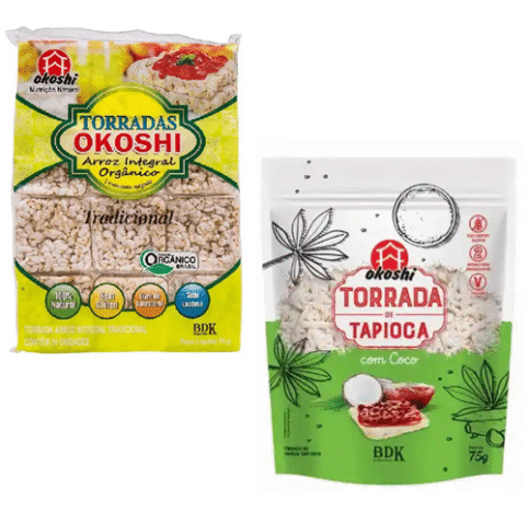Snack OKOSHI Torrada de Tapioca com Coco ou Torrada de Arroz Integral 75g