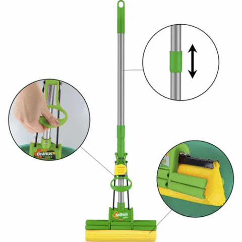 Brilhus Mop Sek+ Lava e Seca com Esponja de Alta Absorção e Cabo Retrátil