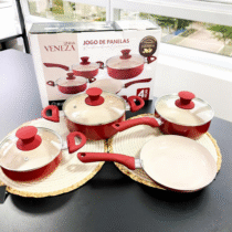 Conjunto Jogo 4 Peças Panelas Cerâmica Antiaderente Reforçada Tampa de Vidro Vermelha