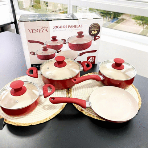 Conjunto Jogo 4 Peças Panelas Cerâmica Antiaderente Reforçada Tampa de Vidro Vermelha