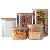 Kit 05 Potes Herméticos De Vidro Com Tampa De Bambu E Silicone