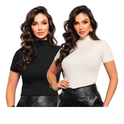 Kit 2 Blusas Gola Alta T-Shirt Canelada Blogueirinha
