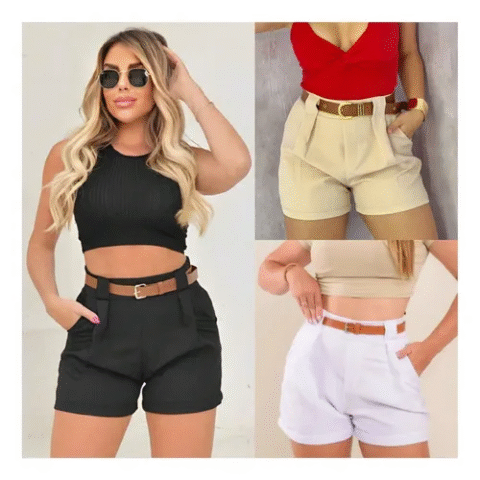Kit 2 Shorts Feminino Alfaiataria Cinto Bolsos