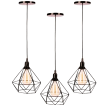 Kit 3 Luminárias Pendente Tipo Diamante Aço Modelo Teto Preto