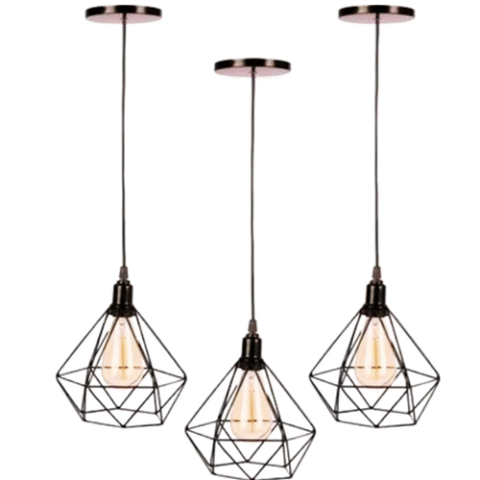 Kit 3 Luminárias Pendente Tipo Diamante Aço Modelo Teto Preto