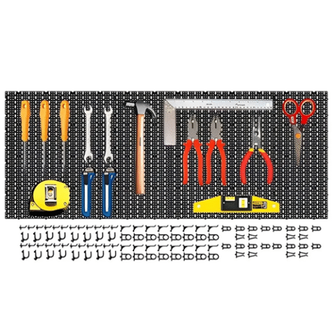 Kit 4 Unidades Painel Organizador de Ferramentas Plástico Perfurado (118cm) + Ganchos Preto