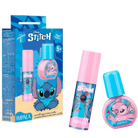 Kit Esmalte Impala Brilho Labial Angel Stitch Kids Disney