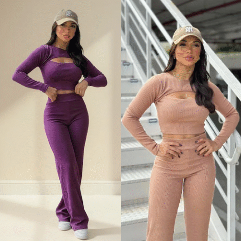 Conjunto Wed Blusa Cropped Decote Manga Longa + Calça Anarruga