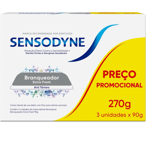 Pack 3 unidades Sensodyne Creme Dental Branqueador Extra Fresh com Flúor 90g cada