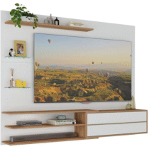 Painel Home para TV até 65″ c/1 Porta e Prateleiras Multimóveis Branco/Rustic