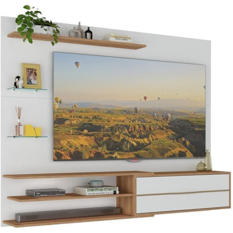 Painel Home para TV até 65″ c/1 Porta e Prateleiras Multimóveis Branco/Rustic