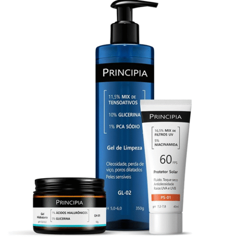 Principia Kit Rotina Essencial Gel Hidratante GH-01 + Protetor Solar PS-01 FPS60 + Gel de Limpeza GL-02