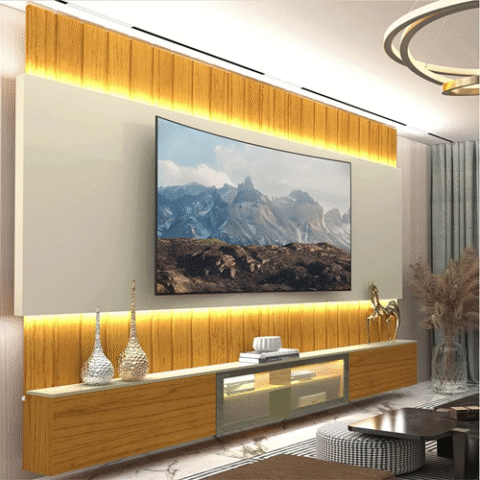 Rack com Painel Ripado para TV até 85 Polegadas LED c/ 3 Gavetas com Rodízios 2,60m Gelius Naturale