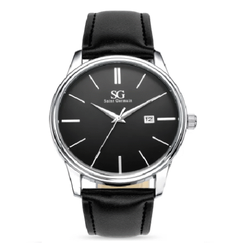 Relógio Masculino Preto Prata Saint Germain Couro