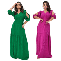 Vestido Longo Princesa Com Fenda Manga 3/4 Elegante Premium