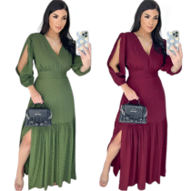 Vestido Longo Babado Fenda Manga 3/4 Elegante