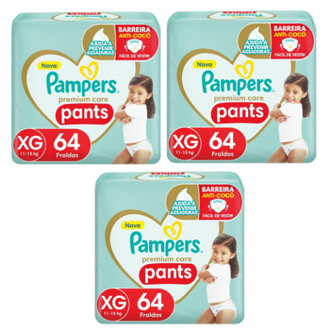 3 Pacotes Fraldas Pampers Pants Premium Care XG 64 Unidades