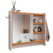 Armário Com Espelho Porta Gancho Para Toalha Banheiro Genova (Off White/Cinamomo2)