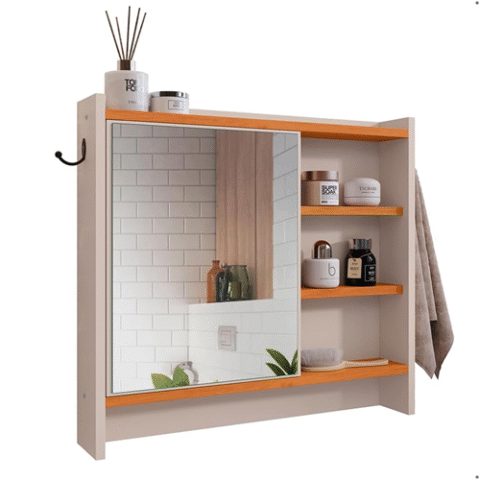 Armário Com Espelho Porta Gancho Para Toalha Banheiro Genova (Off White/Cinamomo2)