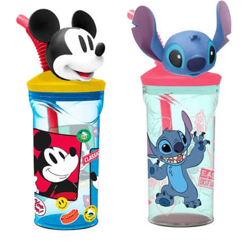 Copo 3D com Canudo Disney Mickey Mouse ou Stitch 360ml – Produto Oficial