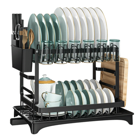 Escorredor De Louça 2 Niveis Inox Com Porta Pratos Talheres Copos Preto