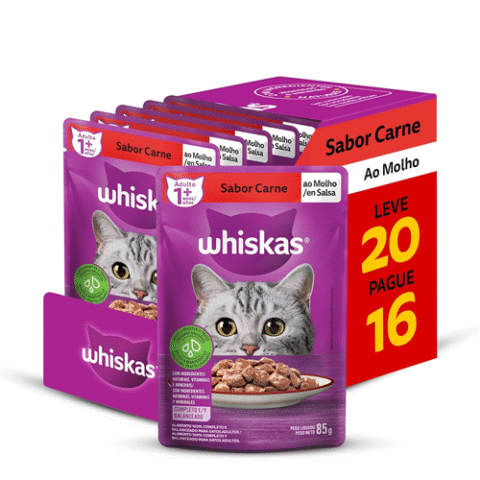 Pack Ração Úmida Whiskas Sachê Carne ao Molho para Gatos Adultos – Leve 20 Pague 16