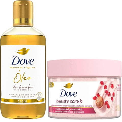 Kit Dove Sabonete Líquido Óleo de Banho Glicerinado 240ml + Sabonete Esfoliante Corporal Beauty Scrub Romã e Manteiga de Karité 280g