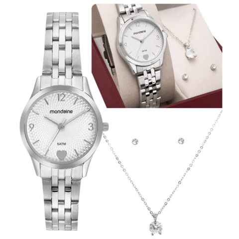 Kit Relógio De Pulso Feminino Mondaine Prateado Original
