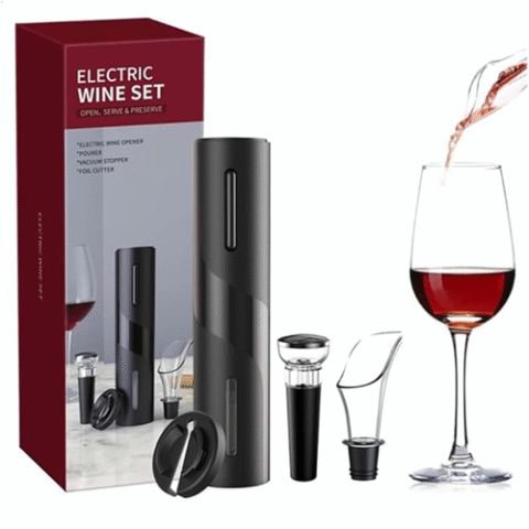 Kit Abridor de Vinho Elétrico 4 Peças Com Saca Rolha Automático Bico Dosador, Cortador de Lacre, Rolha a Vácuo
