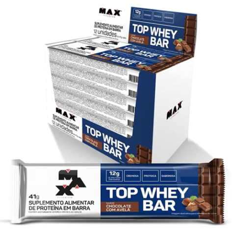 Caixa 12 Unidades Max Titanium Top Whey Bar Chocolate Com Avelã 42g