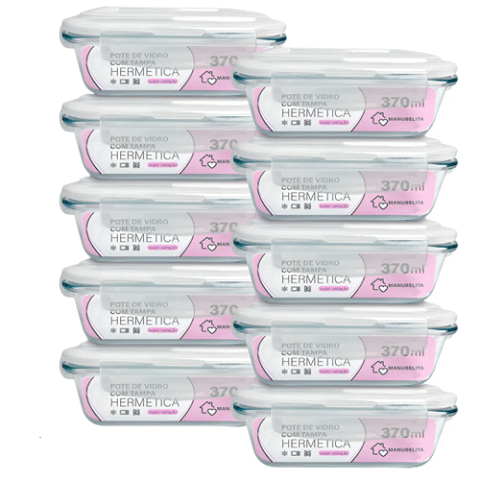 Kit 10 Potes Vidro Hermetico Quatro Travas Anti Vazamento 370ml Manubelita
