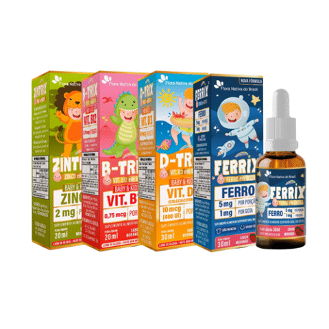 Kit ADE Trix Infantil – Vitaminas A/D/E 30ml + Methyl 20ml + Ferrix 30ml + Zintrix 20ml – Flora Nativa